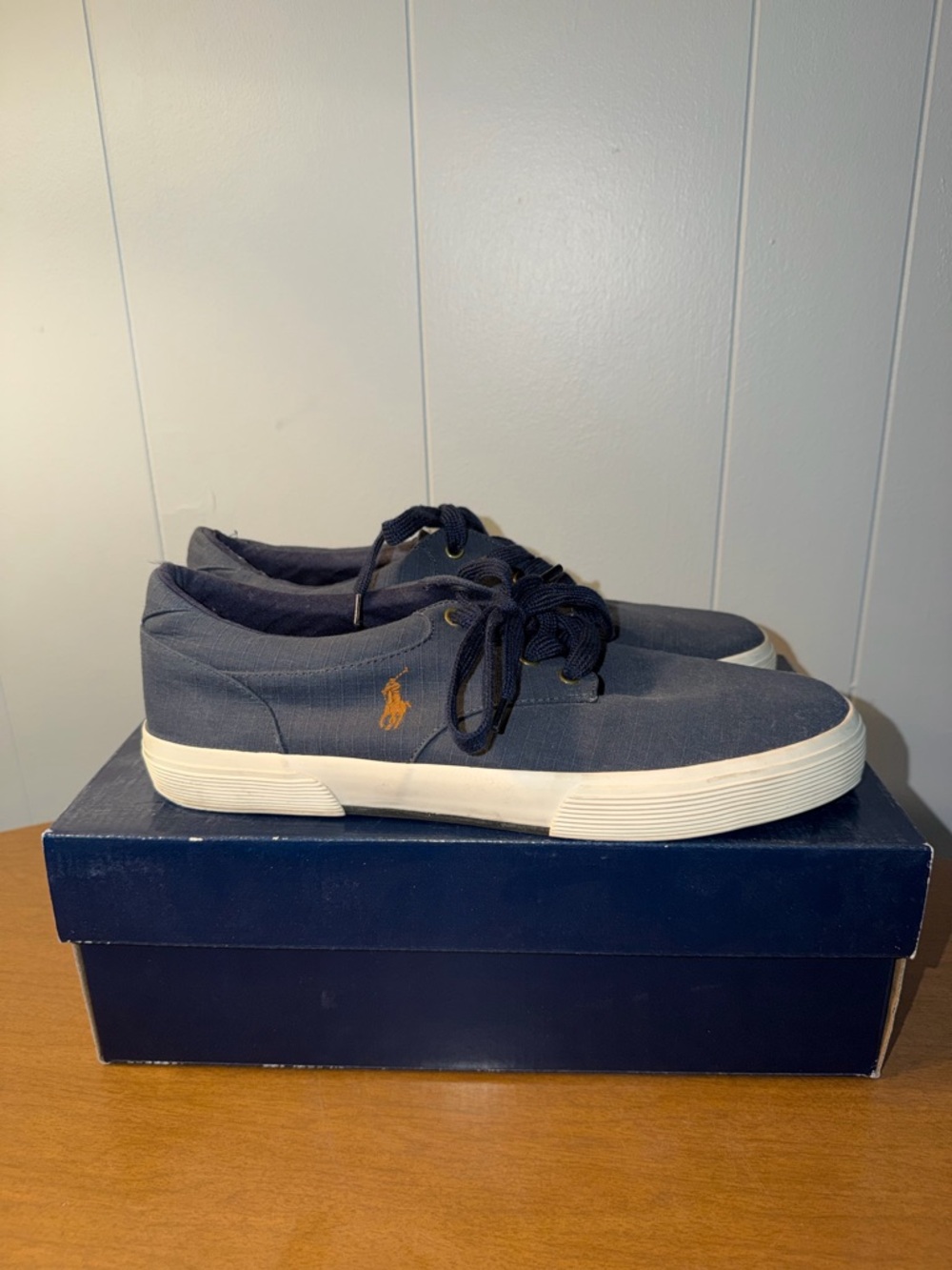 Polo by Ralph Lauren Navy Canvas Slip-On Sneakers with Gold Polo Emblem